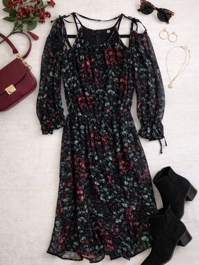 1. State Black Floral Cold-Shoulder Midi Poly Scarfy LINED. NWOT SMALL